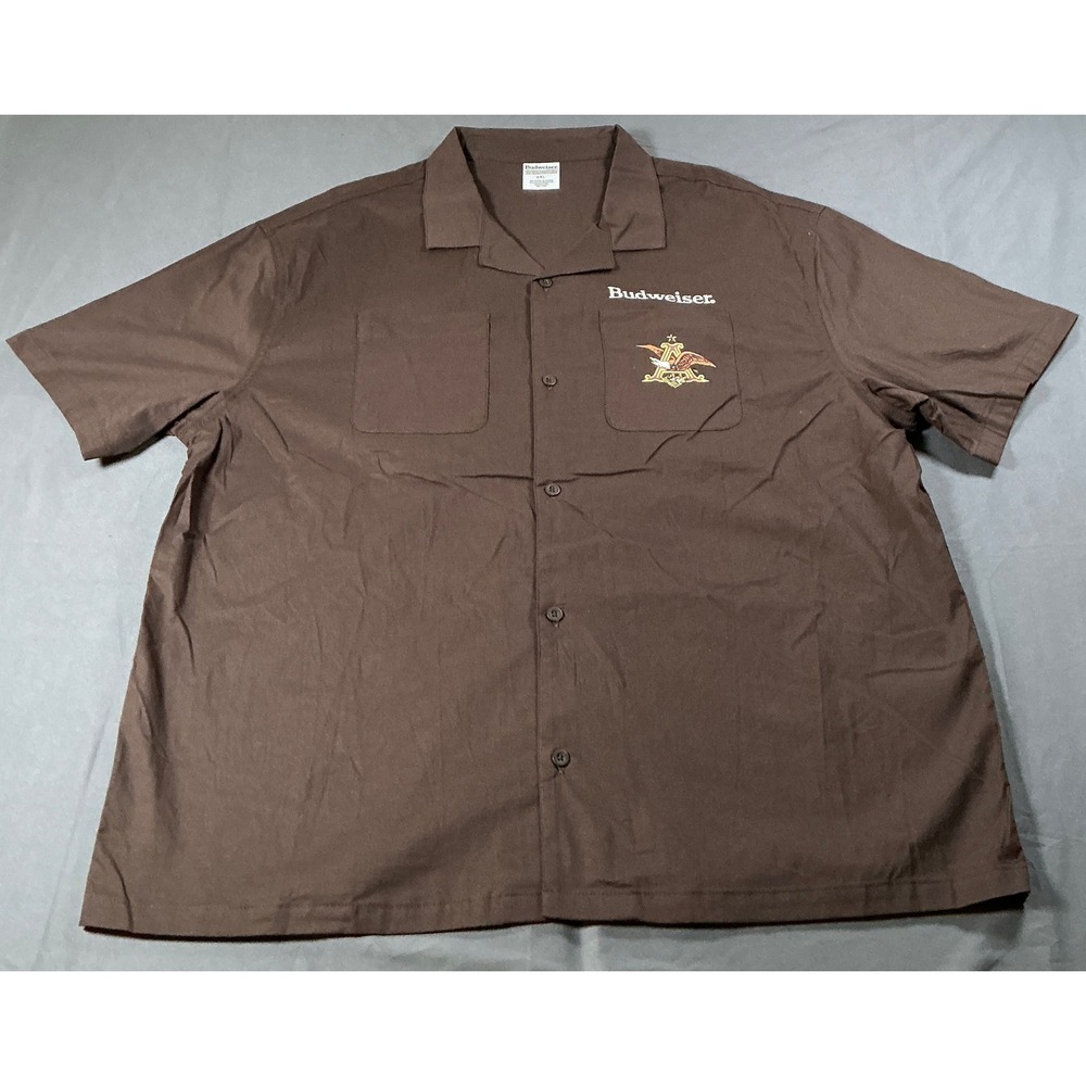 Budweiser Mens XXL Brown Short Sleeve Button Down Work Shirt Lager Beer Graphic